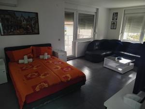 una sala de estar con una cama y un sofá en VILA RUŽA - Grand apartman 1, en Soko Banja
