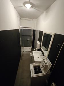 a bathroom with a sink and a shower and a toilet at Apartman Green Hill in Zagreb