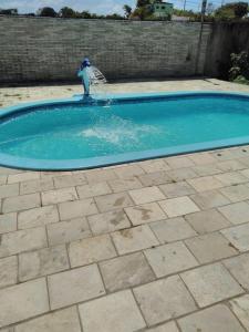 a bird is standing in a swimming pool at Casa de praia com piscina in Cabo de Santo Agostinho