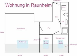 un schéma schématique d'une salle de bains en rammstein dans l'établissement Raunheim, 2 Zimmer Dachgeschoss Apartment, à Raunheim