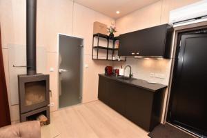a kitchen with a stove and a counter top at Mooni Minivilla in Haversi +29 photos