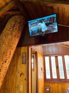 a flat screen tv on the ceiling of a cabin at Cabana da àrvore Refúgio Jaguary in Monte Verde +31 photos