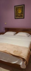 un lit dans une chambre avec un tableau sur le mur dans l'établissement Warm Wooden Escape, Cozy & Elegant Stay, à Tirana 7 autres photos