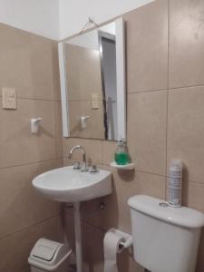 a bathroom with a sink and a toilet and a mirror at El Rincón de las Palmas in Cafayate