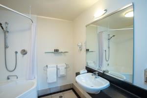 新普利茅斯Distinction New Plymouth Hotel的带水槽、淋浴和浴缸的浴室