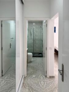 a bathroom with a glass shower and a toilet at Spacious 3-bdr apartment - Palmarejo Grande - LCGR in Praia +34 photos