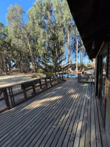 a wooden deck with a bench and trees at Cabaña Bosque Los Duendes in Puchuncaví