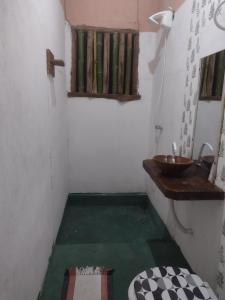 una piccola camera con lavandino e pavimento verde di Hostel Mata House Nova Caraíva a Porto Seguro Altre 50 foto
