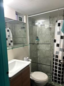 a bathroom with a sink and a toilet and a shower at Casa Grace Apto con vista al mar in Cartagena de Indias