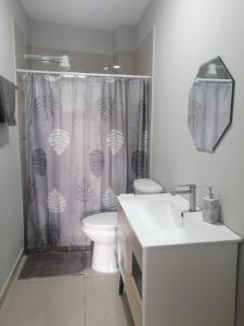 ein Badezimmer mit Waschbecken und Duschvorhang in der Unterkunft Apartamento Familiar 3 con 3 habitaciones 4 camas más litera in San Salvador