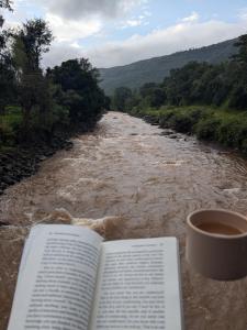 a book and a cup of coffee next to a river at CharDara Agrotourism & FarmStay in Mahabaleshwar