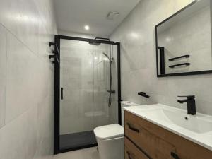 a bathroom with a shower and a toilet and a sink at Luz del thyssen in Málaga