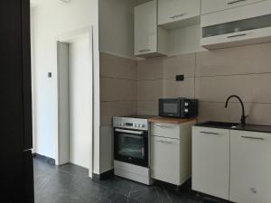 a kitchen with a stove and a microwave at Villa Adriatic 2 in Biograd na Moru
