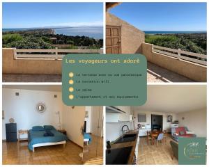 勒卡特海滩Appartement avec vue panoramique-Leucate Falaise的卧室和房间相拼图