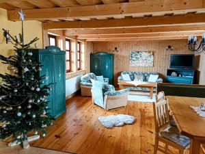 a living room with a christmas tree in it at Chalupa Beliankovo Ždiar in Ždiar