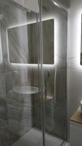 a shower with a glass door in a bathroom at Alby suite in Termoli +59 photos