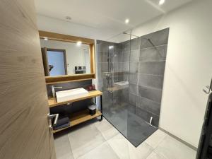 a bathroom with a shower and a sink and a mirror at Sweet Escape et Spa in Turckheim +33 photos