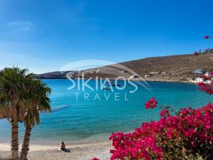 a person sitting on a beach with flowers at Beachfront Cycladic House in Chora Folegandros