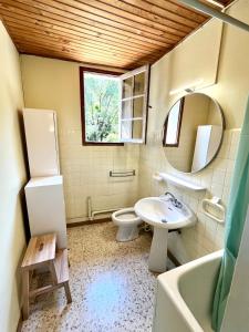 a bathroom with a sink and a toilet and a mirror at Valfregue, grande maison familiale in Le Vigan