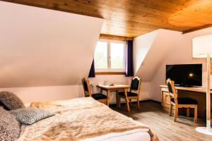 a bedroom with a bed and a desk and a television at Jagdschloss Windenhütte in Thale