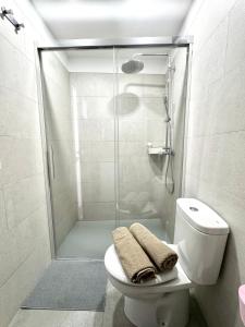 a bathroom with a shower and a toilet and a glass showeroser at Ocean View El Varadero in Punta Mujeres +31 photos