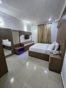 阿布贾Cozy Residence by Nestvier的配有床和电视的酒店房间