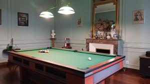 a pool table in a living room with a mirror at Chambres d'hôtes Le Griffon 1855 in Saint-Laurent-des-Autels