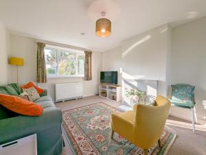 Una sala de estar con un sofá verde y un televisor. en Southwood Farm Cottage, en West Stoke