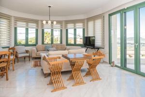 Agia MarinaにあるFagias Luxury Apartmentのソファとテーブルのあるリビングルーム