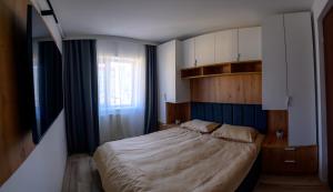 a bedroom with a large bed and a window at Apartament Centru Vechi in Târgovişte
