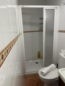 un bagno bianco con wc e doccia di Casa da Horta a Ribeira