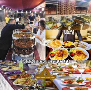 a collage of photos of a buffet with food at RUM FANTAS BUBBLE lUXURY CAMP in Wadi Rum +20 photos