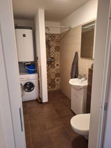 a small bathroom with a toilet and a sink at Apartmán U Pole in Břilice