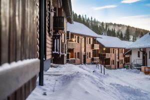 a row of wooden buildings in the snow at Monarchia Park in Lachtal