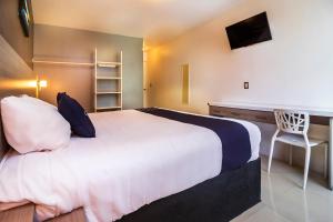 a bedroom with a bed with a desk and a television at Collection O Hotel Mango,Six Flags Hurricane Harbor Oaxtepec in Oaxtepec +27 photos