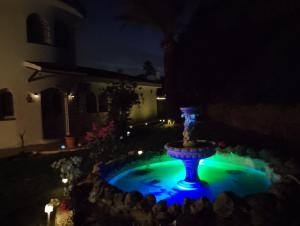 a blue fountain in a yard at night at Villa Tranquilla in Estepona
