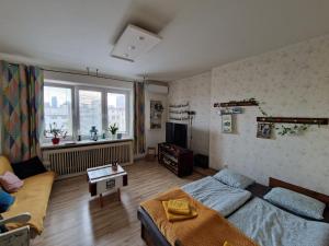 una sala de estar con una cama y un sofá en Touch of history apartment, en Bratislava