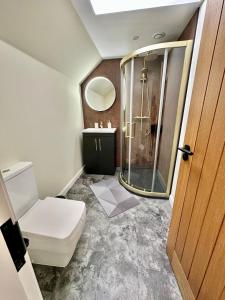 a bathroom with a shower and a toilet and a mirror at Luxury Coastal Cottage in Portsoy +33 photos