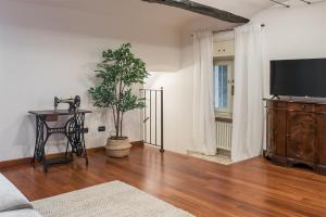 a living room with a tv and a tree in it at Il nido di Cate in Fossano