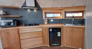 a kitchen with wooden cabinets and a black refrigerator at Dome with Epic Fjord Views in Puerto Natales