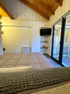 Un dormitorio con una cama grande y una puerta corrediza de vidrio. en Monoambiente 203B - Excelente ubicacion, en San Martín de los Andes