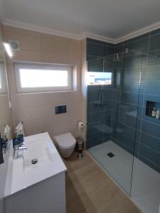 a bathroom with a shower and a toilet and a sink at Casa dos Búzios - 1-bedroom apartment with sea view in Armação de Pêra