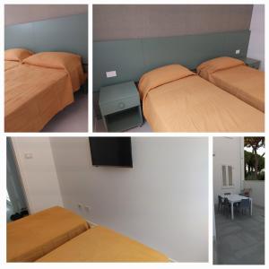 three pictures of a bedroom with two beds and a tv at Residenza CLASMARINA7 Nuova costruzione posizione strategica in Marina di Campo
