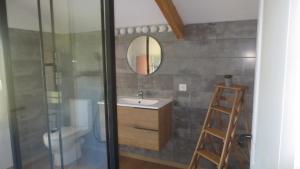 a bathroom with a sink and a toilet and a mirror at Au petit moulin in Issigeac +20 photos