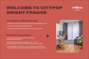 a flyer for a hotel with a room with a desk at City Pop Prague Aparthotel in Prague +68 photos