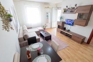 a living room with a couch and a table and a television at Alacaster G apartman FREE PARKING in Novi Sad