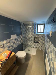 a blue bathroom with a toilet and a sink at Casa vacanze Camera con vista in Marina di Camerota