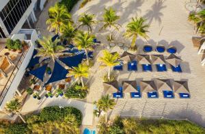 ハランデール・ビーチにある2b 2b Beautiful Apmt in Hallandale Beach with beach serviceのヤシの木と青い傘が備わるリゾートの空中を望む