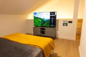 a bedroom with a flat screen tv and a bed at Carthago Suites - Puerto in Cartagena