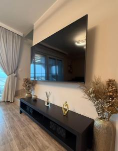 a living room with a large mirror on the wall at Vila Gracija in Arandelovac